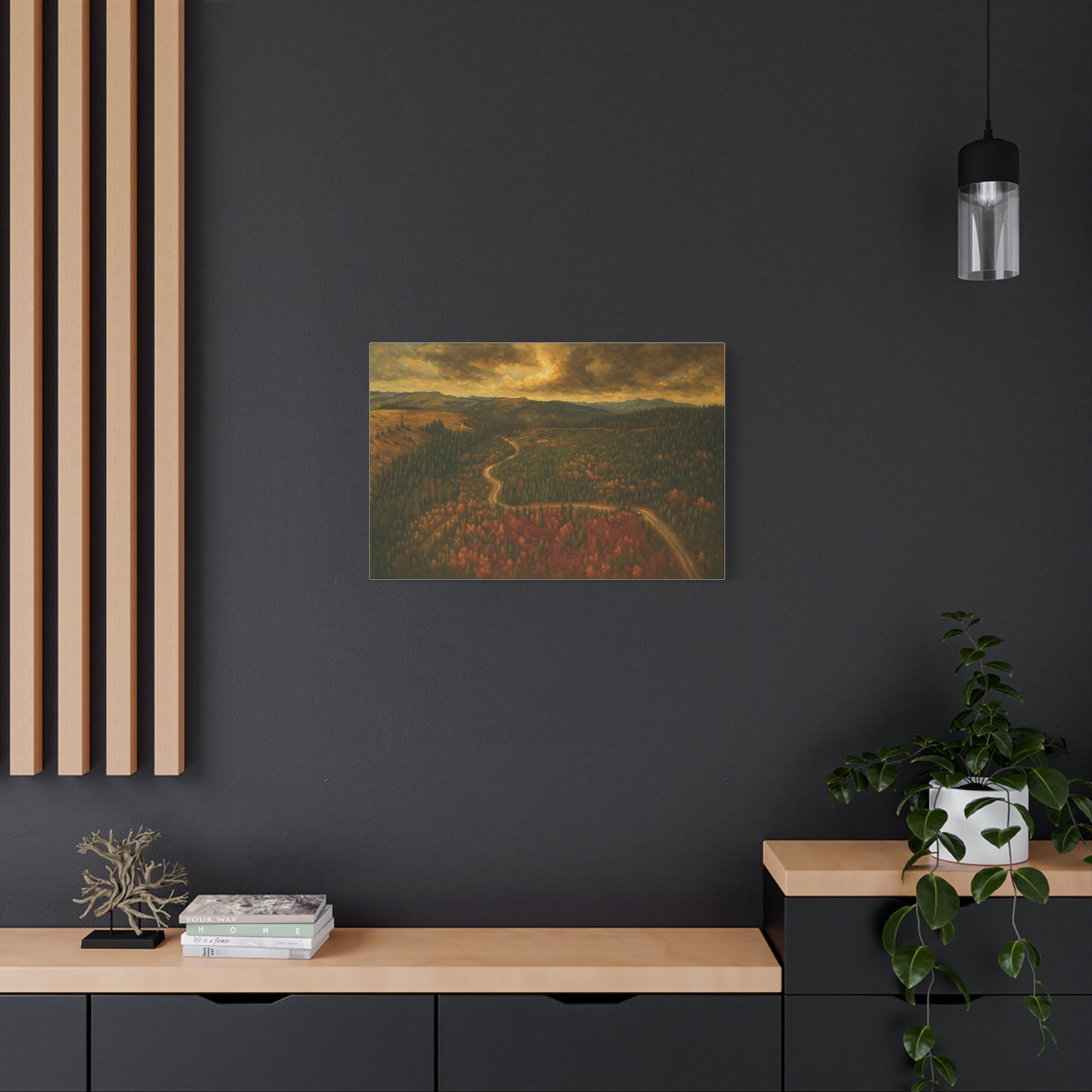 Autumn Ridge Road matte stretched canvas featuring a moody forest landscape wall art by Printify