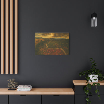 Autumn Ridge Road matte stretched canvas featuring a moody forest landscape wall art by Printify