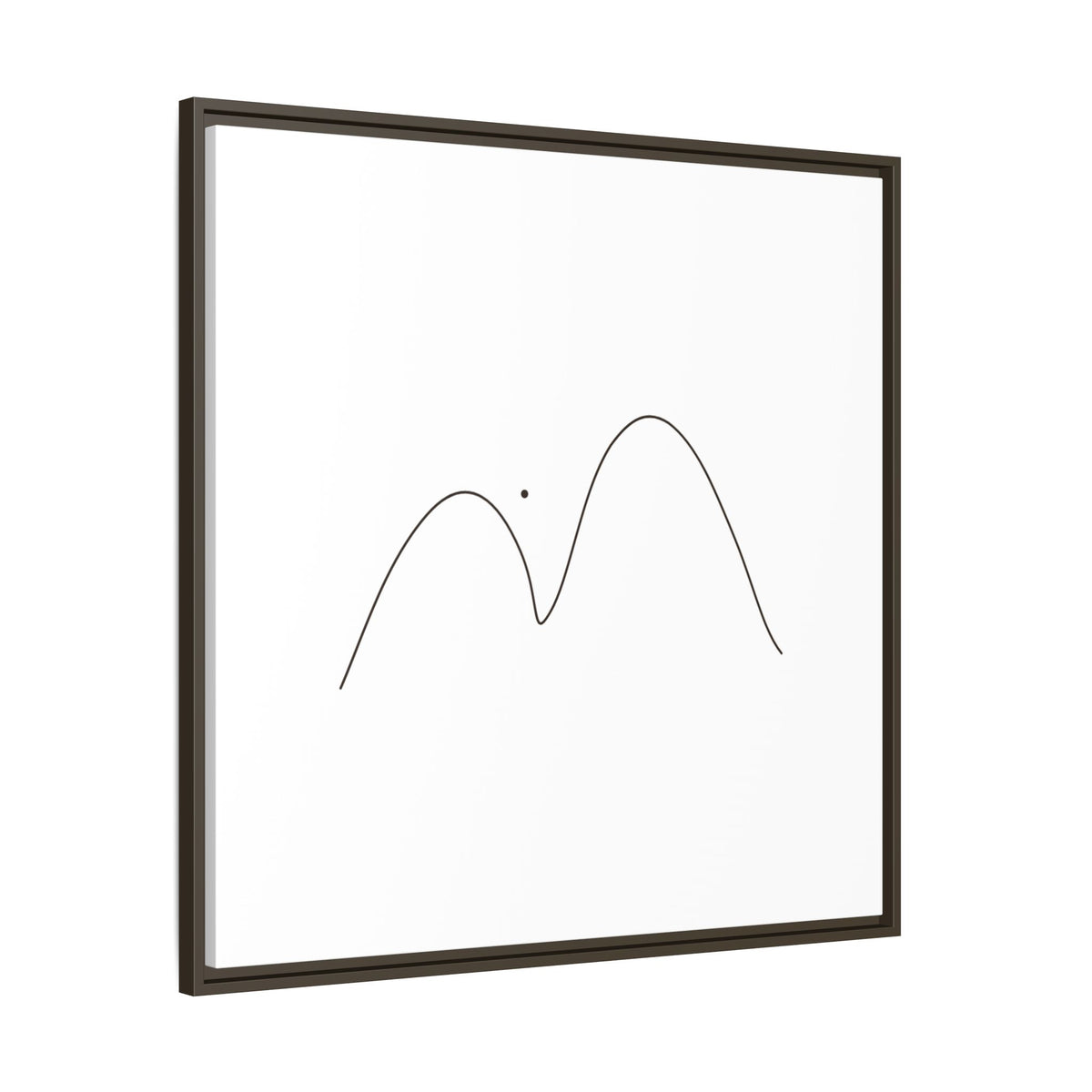 Framed matte canvas features minimalist mountain line art by Printify, showcasing sleek black mountain outlines on white background.