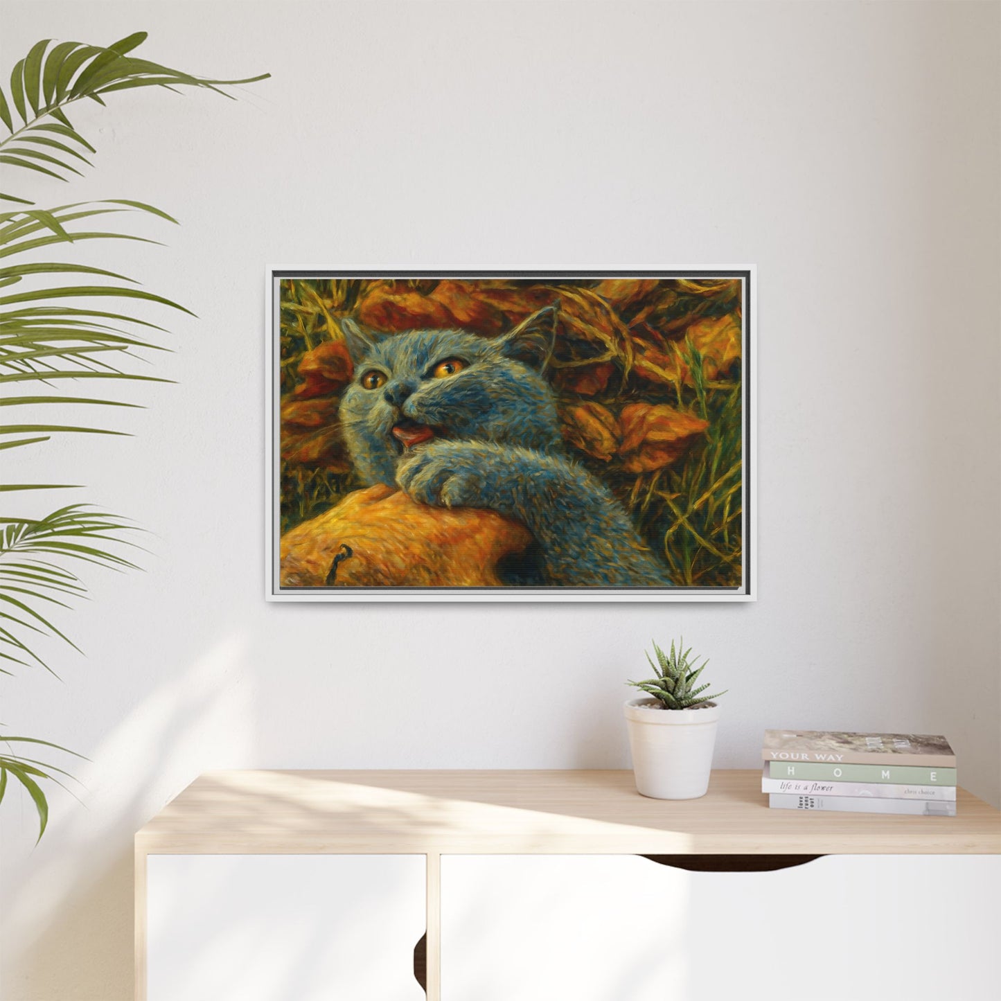 Blue cat canvas print featuring whimsical wall art design, perfect as a gift for cat lovers, by Printify.
