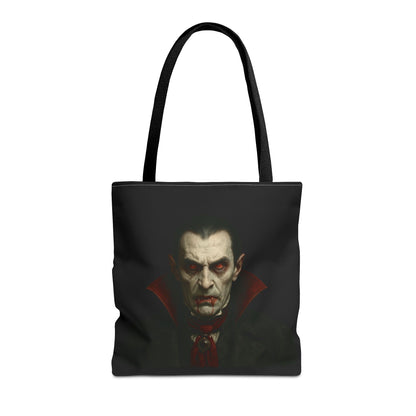 Black vampire-themed tote bag with spooky gothic design, perfect for Halloween accessories and gothic fashion.