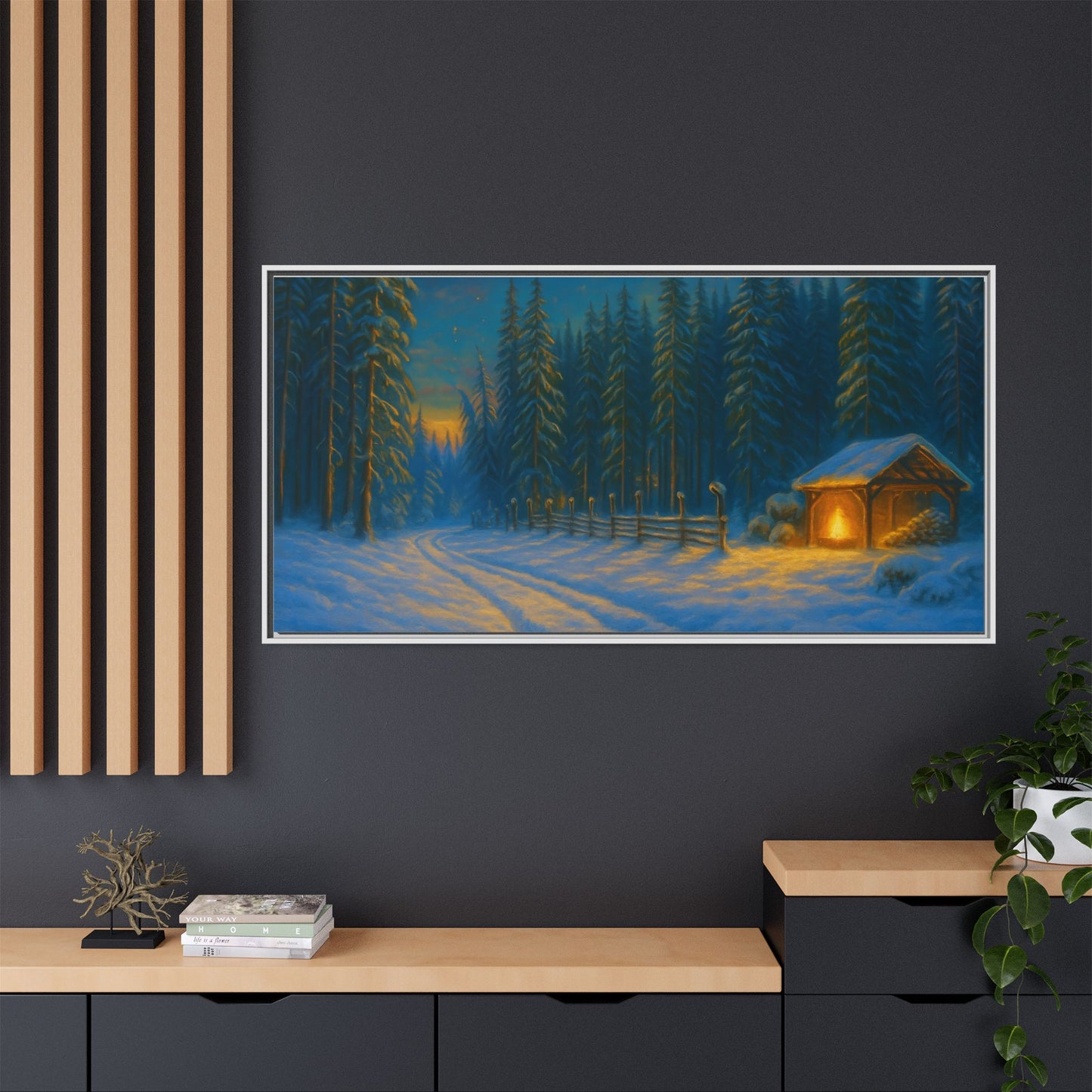Cozy winter cabin matte framed canvas wall art featuring a snowy forest evening scene by Printify.