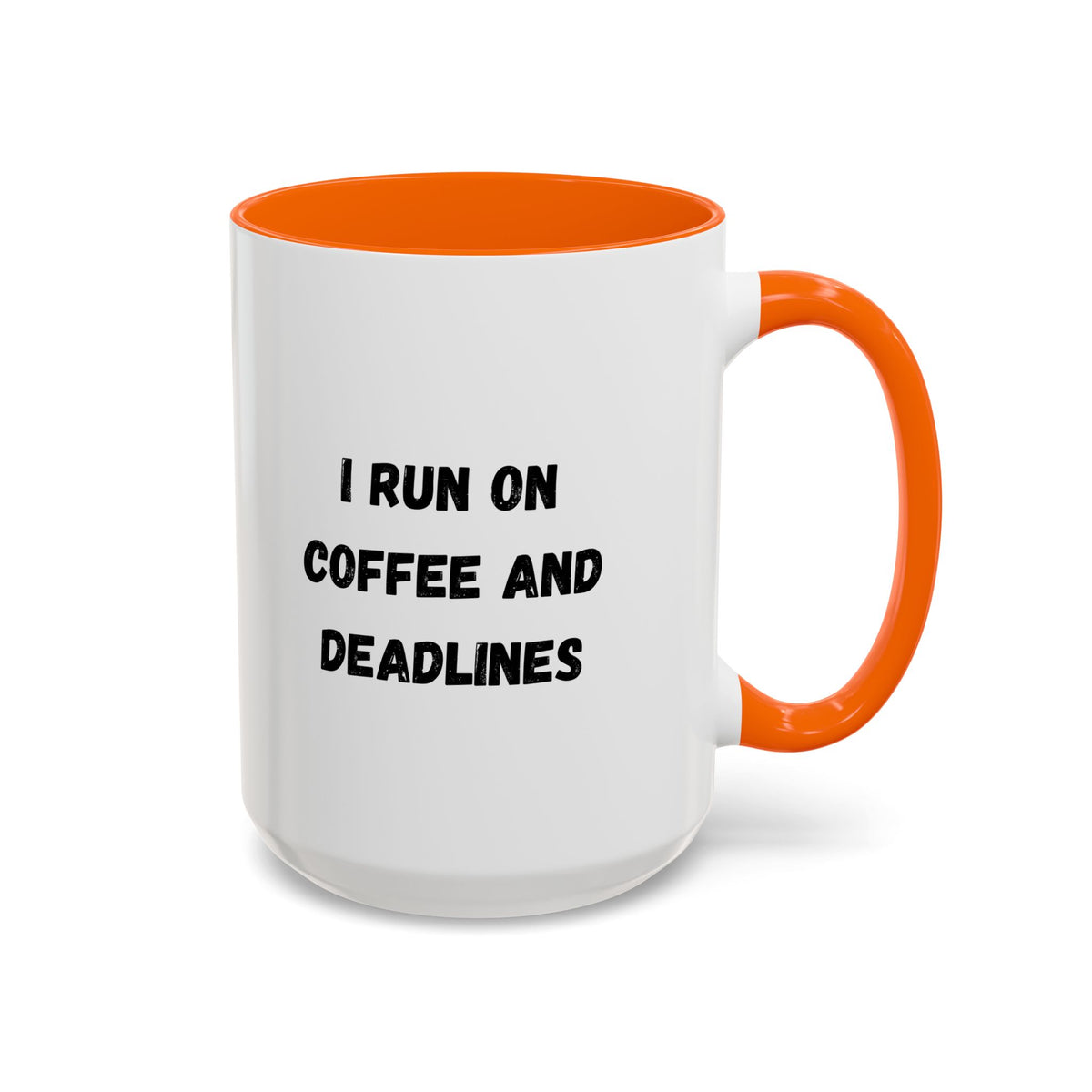 White ceramic mug with "I Run on Coffee and Deadlines" printed in black text, ideal for coffee lovers and office use.