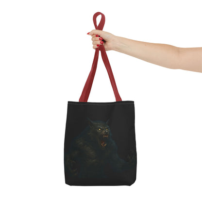 Werewolf tote bag featuring dark Halloween art, ideal gift for horror fans, made by Printify, shown with spooky design on fabric.