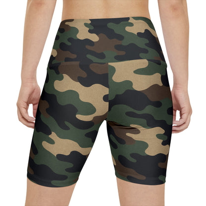 Olive green camouflage high-waist women's workout shorts with all-over print, activewear by Printify, suitable for fitness and casual wear.