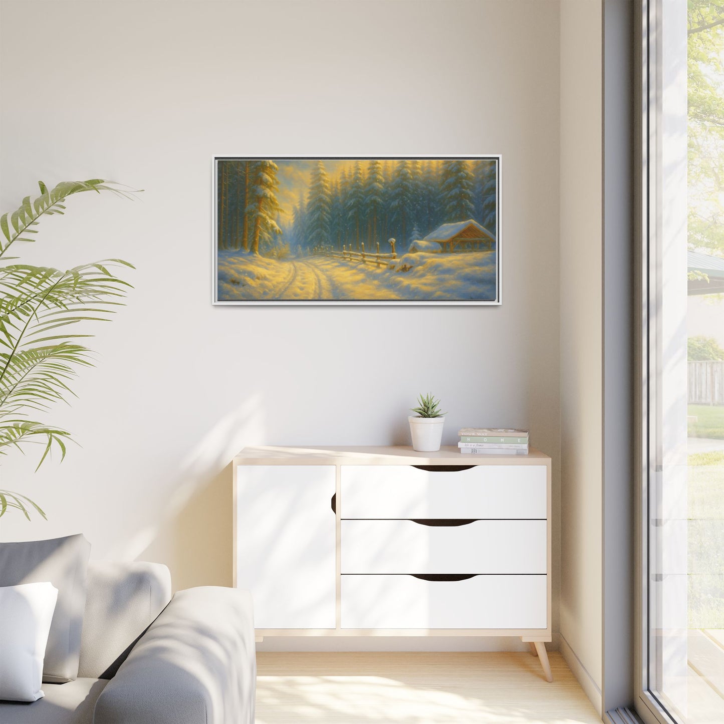 Framed winter cabin canvas print featuring a snowy forest sunset, wall art by Printify with a cozy winter scene.