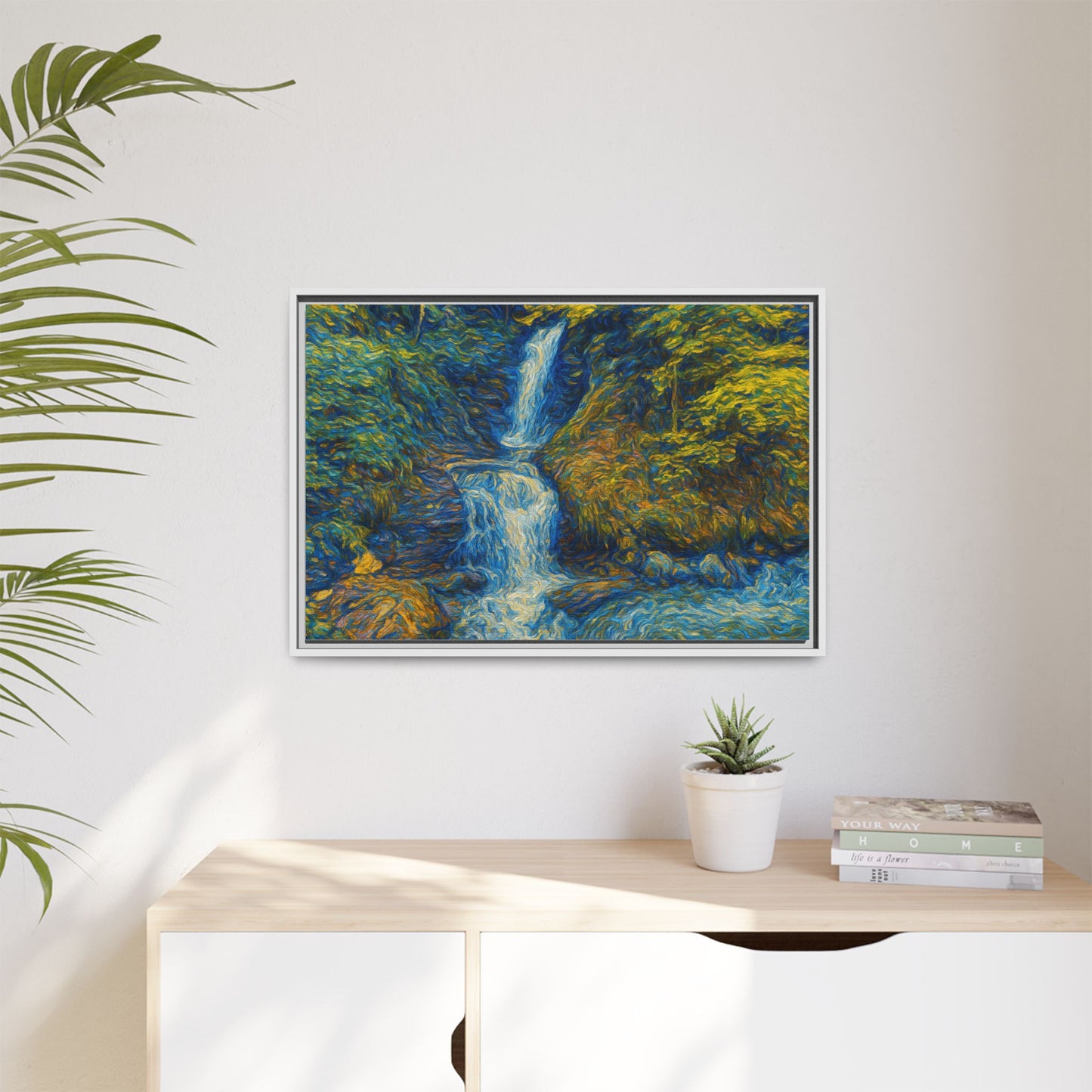 Framed matte canvas print of impressionist waterfall wall art by Printify, showcasing vibrant water and natural landscape details.