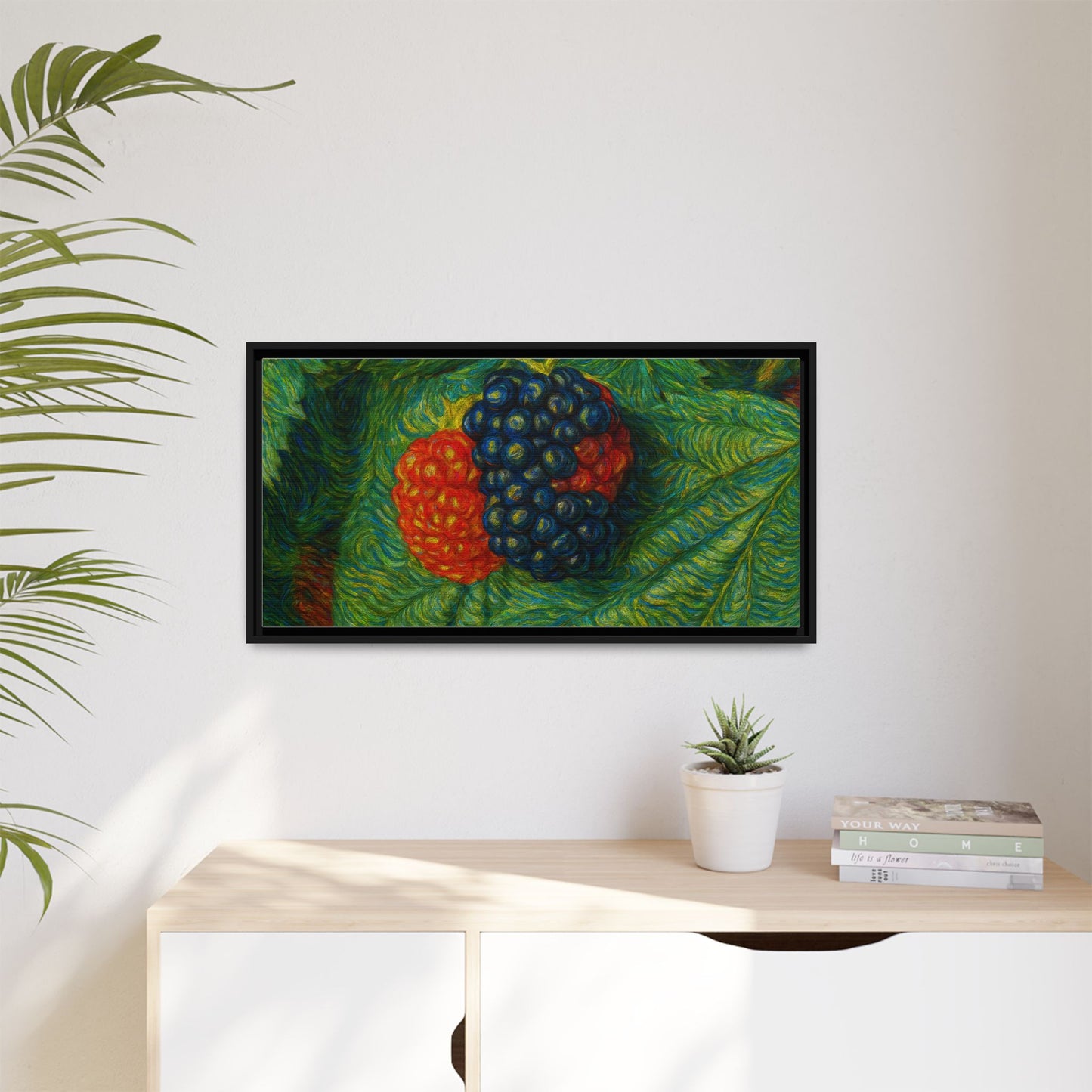 Blackberry still life framed canvas print by Printify, featuring realistic blackberries in a detailed, decorative wall art piece.