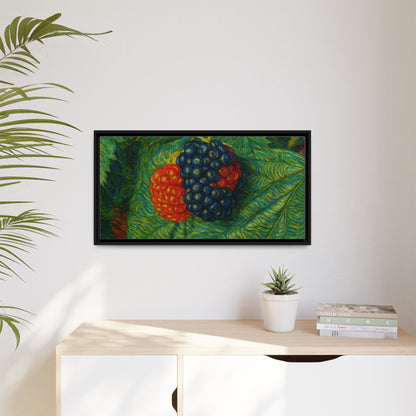 Blackberry still life framed canvas print by Printify, featuring realistic blackberries in a detailed, decorative wall art piece.