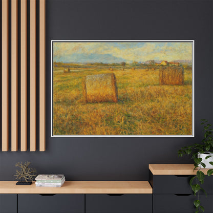 Framed matte canvas wall art featuring a rustic hayfield landscape print by Printify, ideal for rustic or countryside decor.