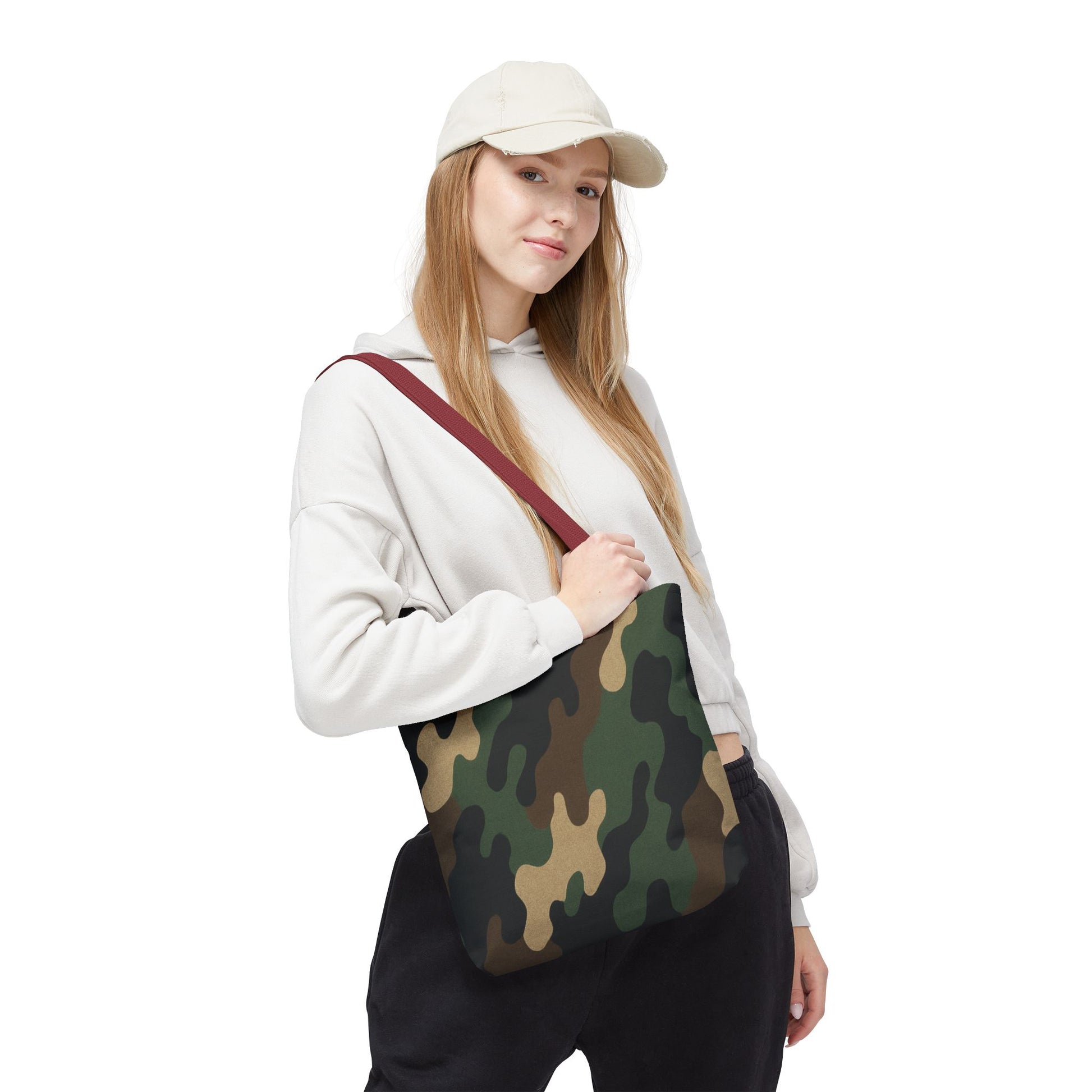 Camo pattern tote bag made of canvas with all-over print, stylish carryall bag by Printify for everyday use.