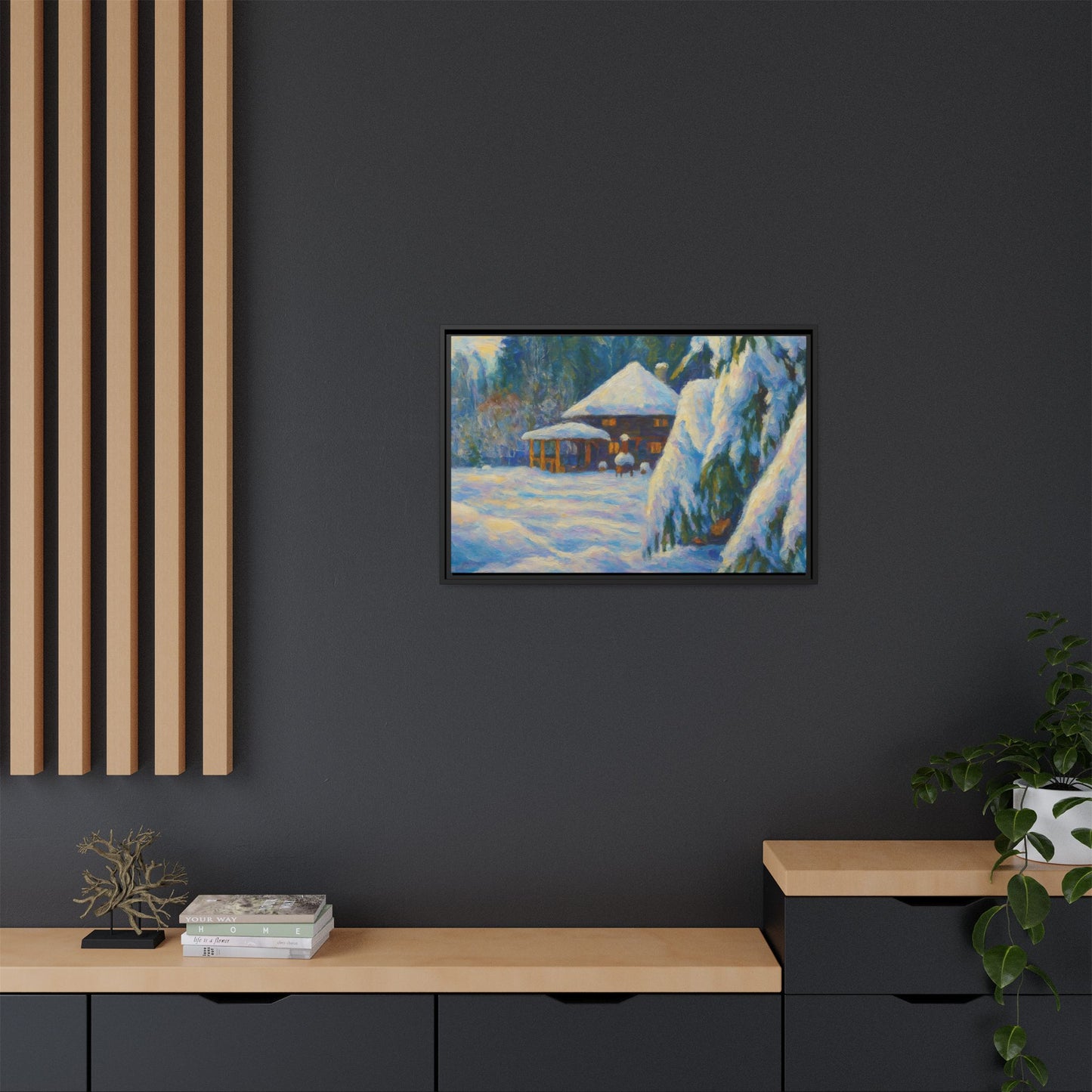 Framed matte canvas wall art depicting a snowy cabin winter landscape with trees and a peaceful winter scene.