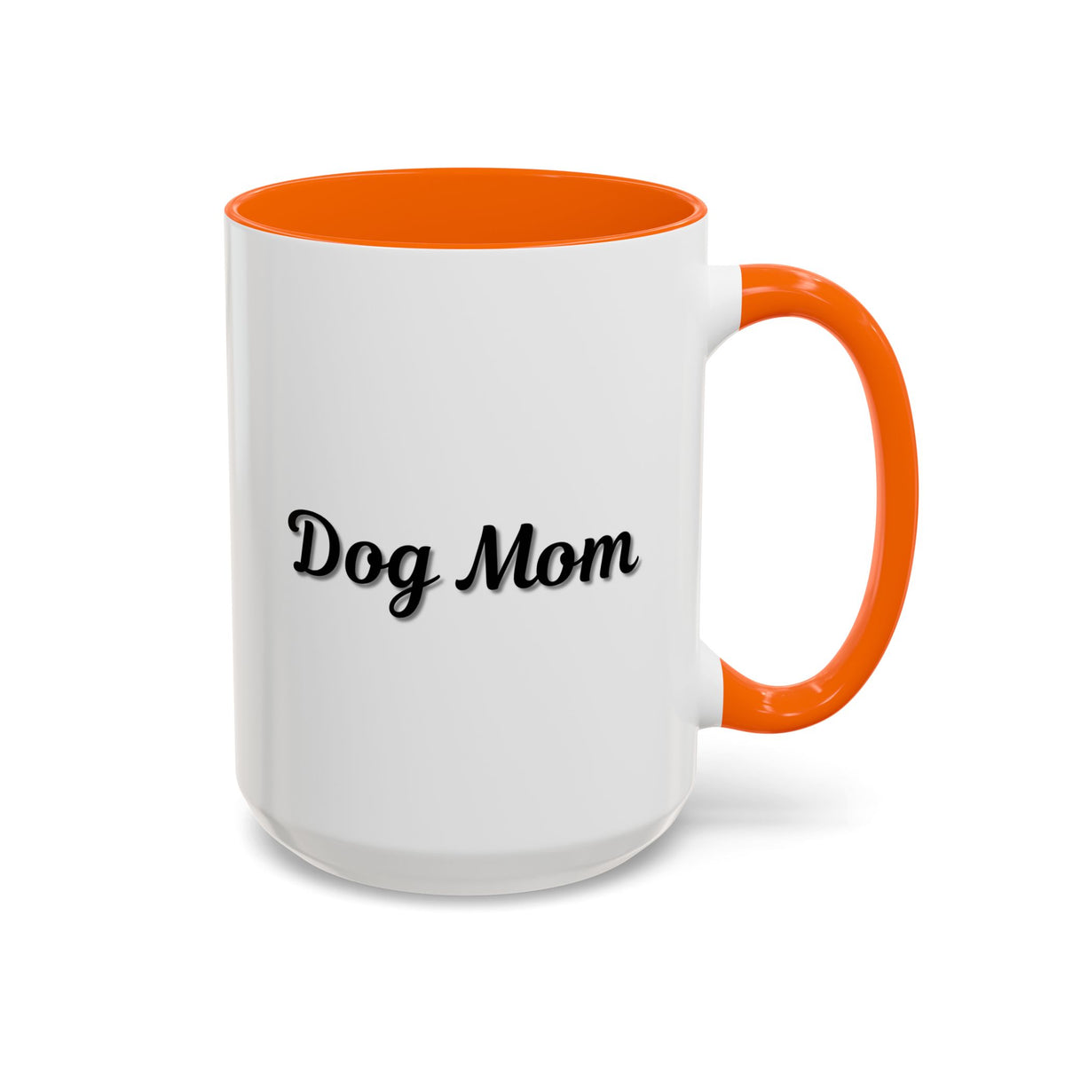 Dog Mom Accent Coffee Mug — white ceramic coffee mug with retro script "Dog Mom" print, colored interior and C-handle, 11oz/15oz, angled view on wooden table