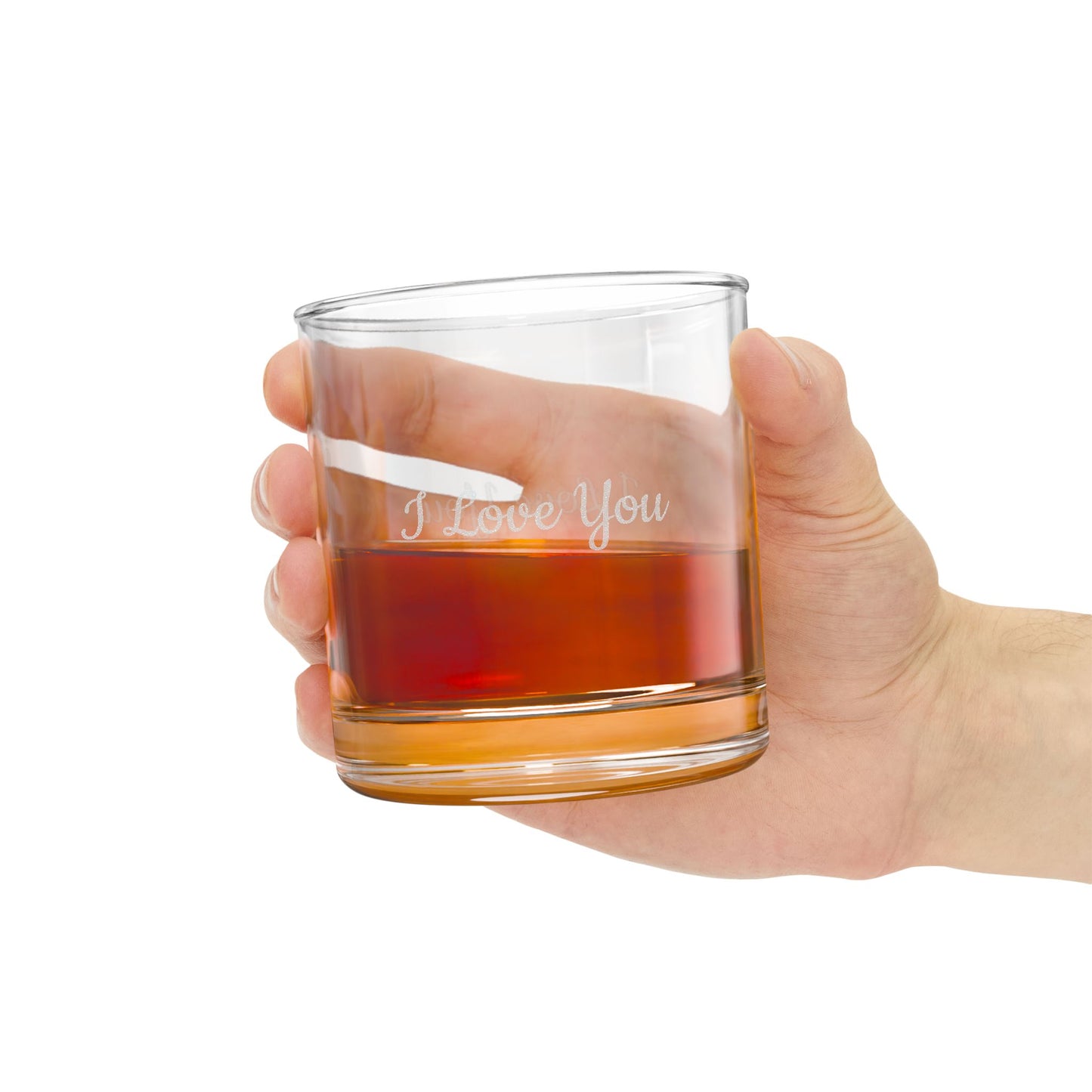 Engraved I Love You whiskey glass, 10.5 oz personalized rocks glass with decorative etching, suitable for whiskey or spirits.