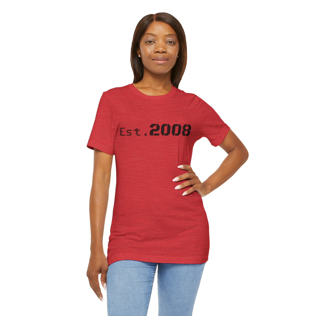 Black graphic T-shirt featuring "Established 2008" text, designed by Printify, with a minimal and stylish logo print.