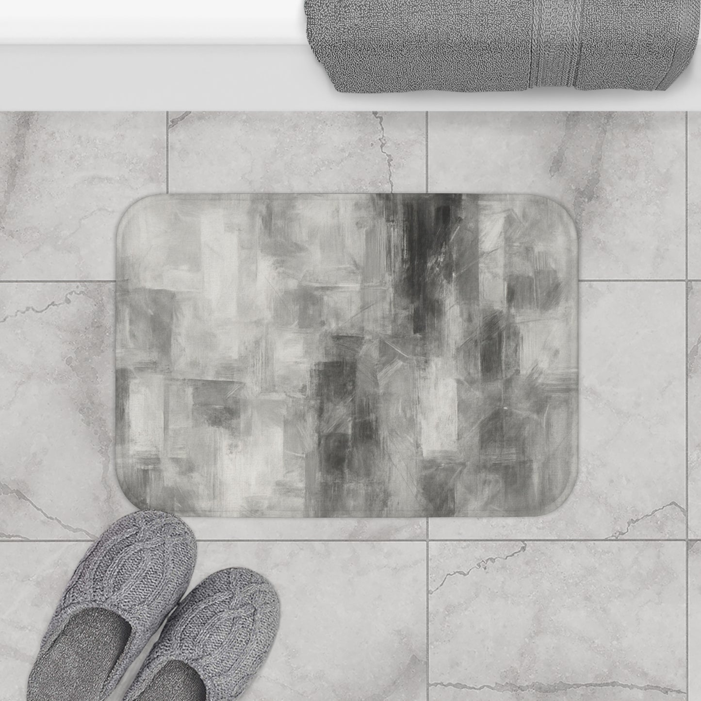 Gray abstract bath mat by Printify, soft modern bathroom rug with luxurious feel and stylish contemporary design.