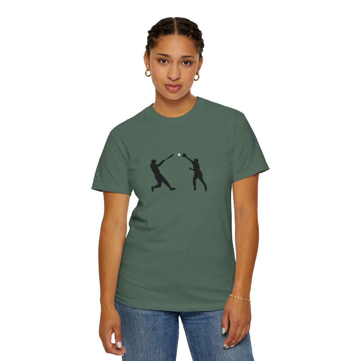 Minimal baseball players silhouette graphic T-shirt by Printify, showcasing a simple black and white baseball graphic on the front.