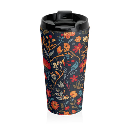 Floral Nightfall stainless steel travel mug with autumn wildflower design, insulated tumbler for hot and cold beverages.