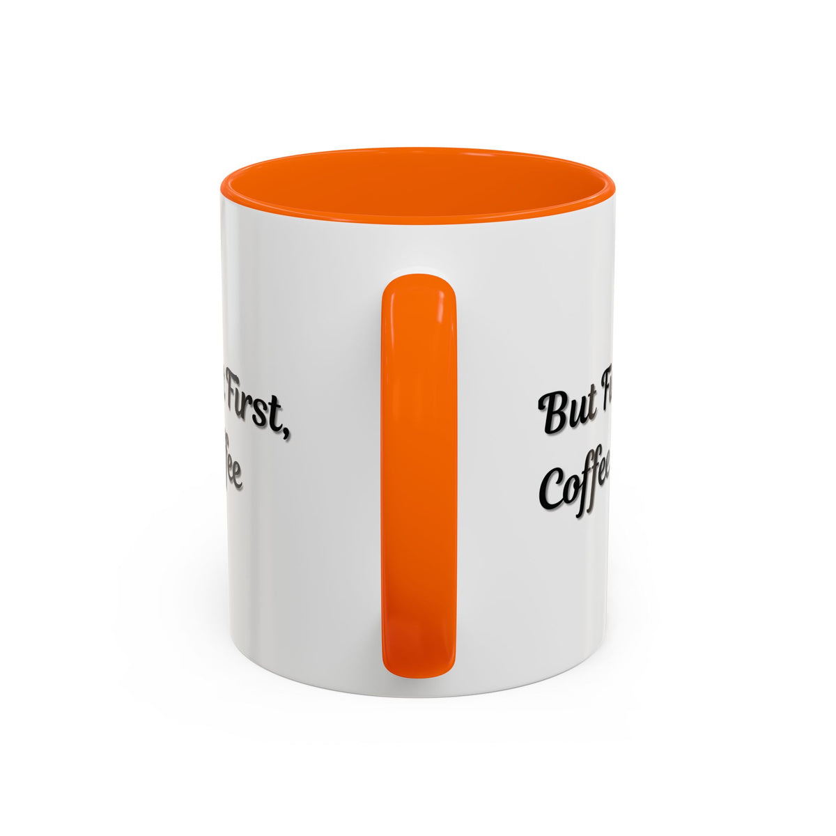 Black handle and rim coffee mug with "But First Coffee" print, 11oz or 15oz size, by Printify, shown with a white background.