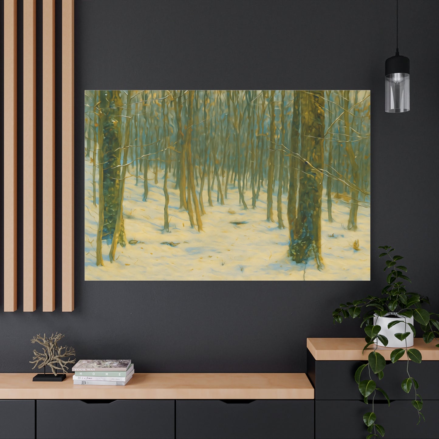 Canvas print of a snowy winter forest scene by Printify, featuring a stretched matte canvas with detailed winter landscape artwork.