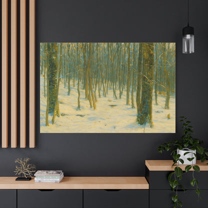 Canvas print of a snowy winter forest scene by Printify, featuring a stretched matte canvas with detailed winter landscape artwork.