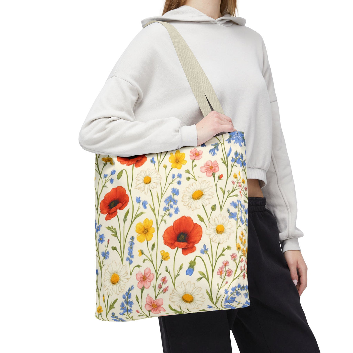 Wildflower Poppy print tote bag by Printify featuring a vibrant floral all-over pattern on durable fabric.