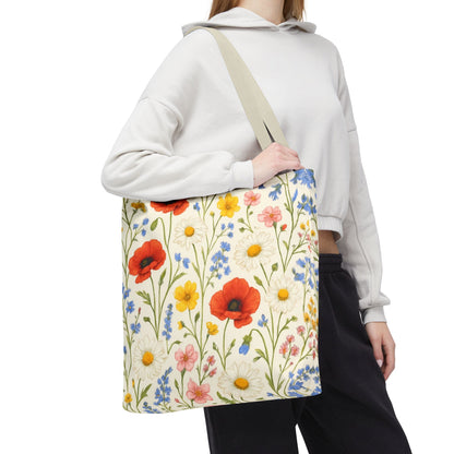 Wildflower Poppy print tote bag by Printify featuring a vibrant floral all-over pattern on durable fabric.