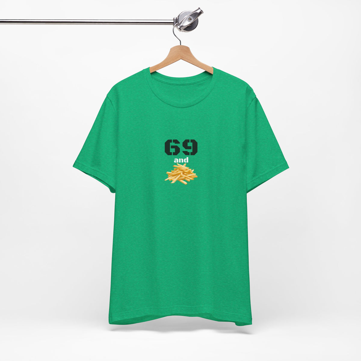Unisex graphic T-shirt featuring humorous 69 and French fries design, casual fit, in vibrant colors.