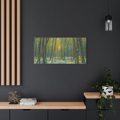 Winter woodland forest sunlight canvas print by Printify, matte stretched art featuring a serene winter forest scene.