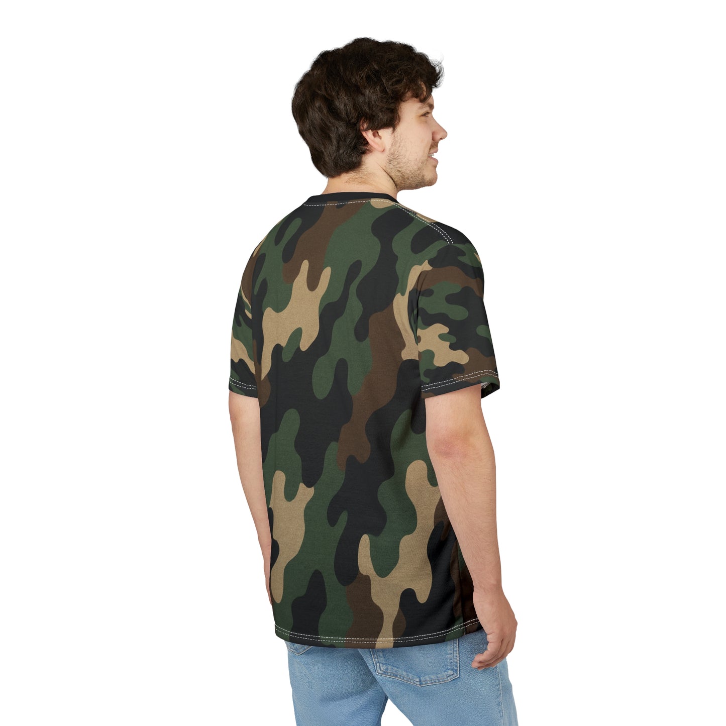 Printify woodland camouflage all-over print t-shirt showing classic camo pattern on a comfortable casual tee.