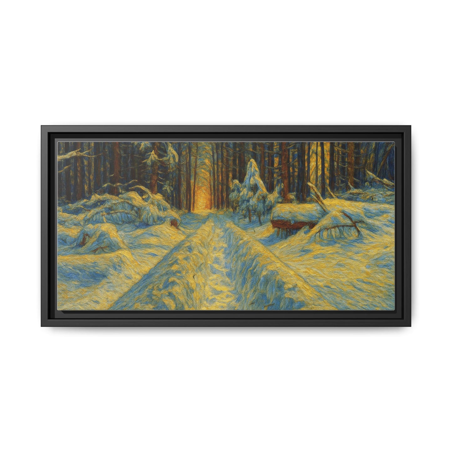 Framed matte canvas print of a snowy forest path at sunset, featuring warm colors and detailed forest scenery.