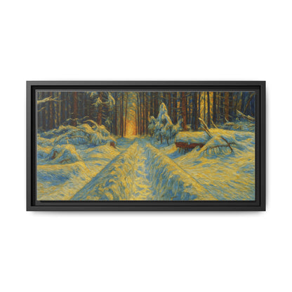 Framed matte canvas print of a snowy forest path at sunset, featuring warm colors and detailed forest scenery.