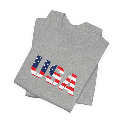USA Flag text T-shirt from Printify featuring patriotic Fourth of July design with red, white, and blue colors.