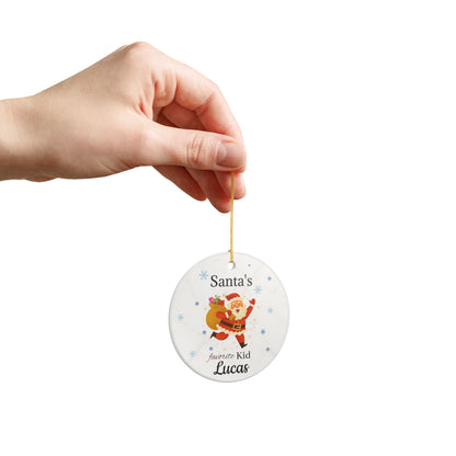 Personalized Santa's Favorite Kid ceramic ornament featuring the name Lucas, designed for holiday decoration and Christmas celebrations.