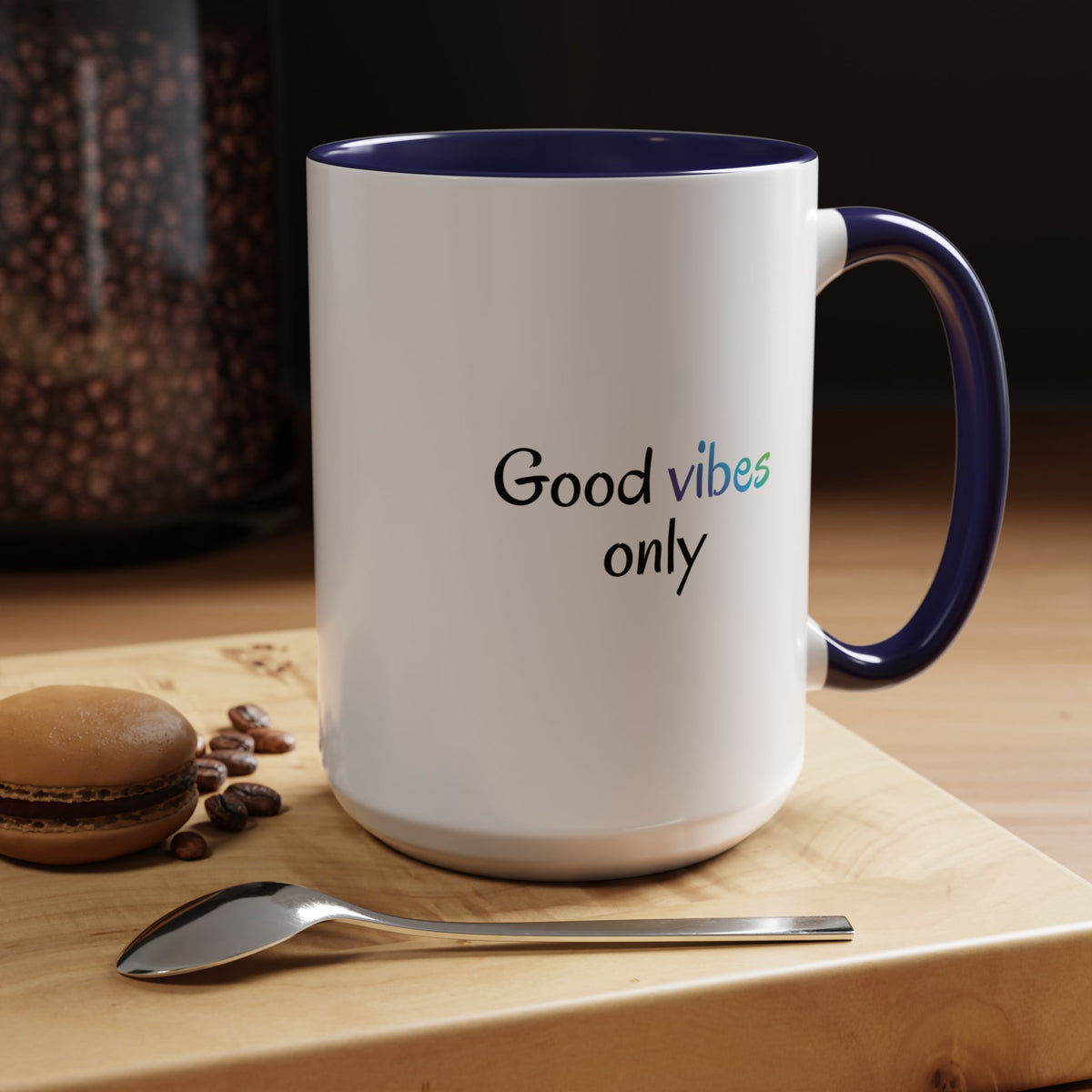 Printify Good Vibes Only accent coffee mug with positive morning quote and stylish design, perfect for inspiring tea or coffee.