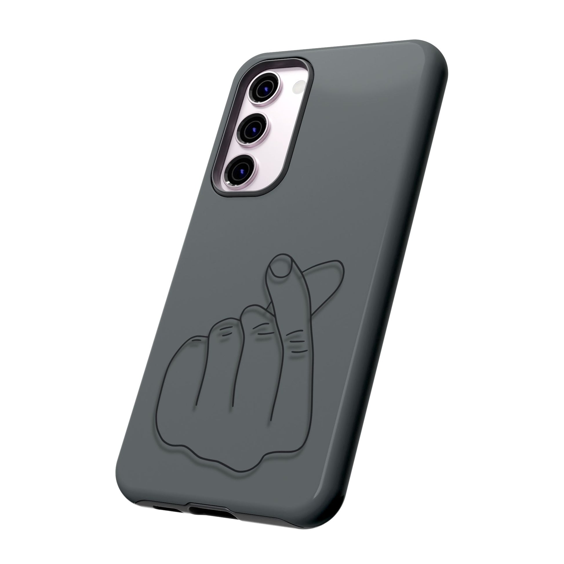 Silicone phone case with embossed Korean finger heart design by Printify, featuring a pink heart pattern on a clear case.