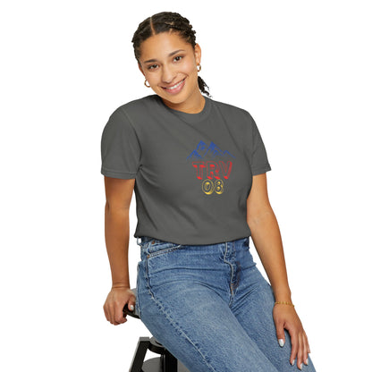 Unisex garment-dyed T-shirt with printed TRV08 logo, casual style, soft fabric, and comfortable fit by Printify.