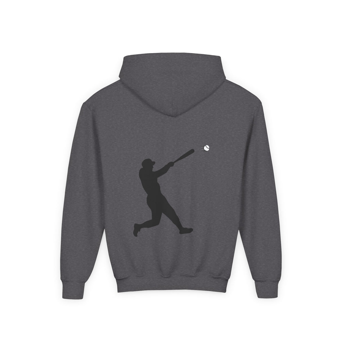 Youth baseball silhouette hoodie for kids featuring a baseball player design, made by Printify, perfect for young sports fans.