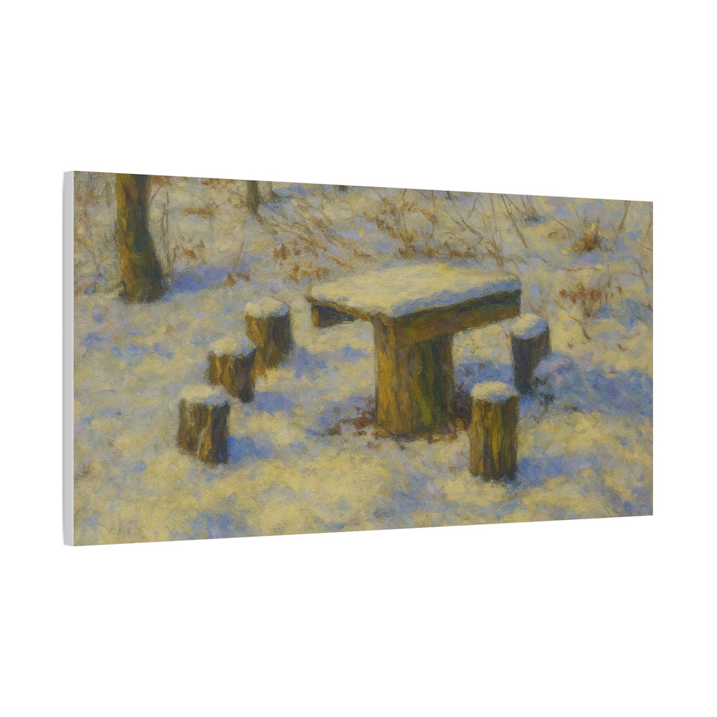 Winter landscape canvas wall art featuring a snowy forest scene, matte stretched print by Printify.