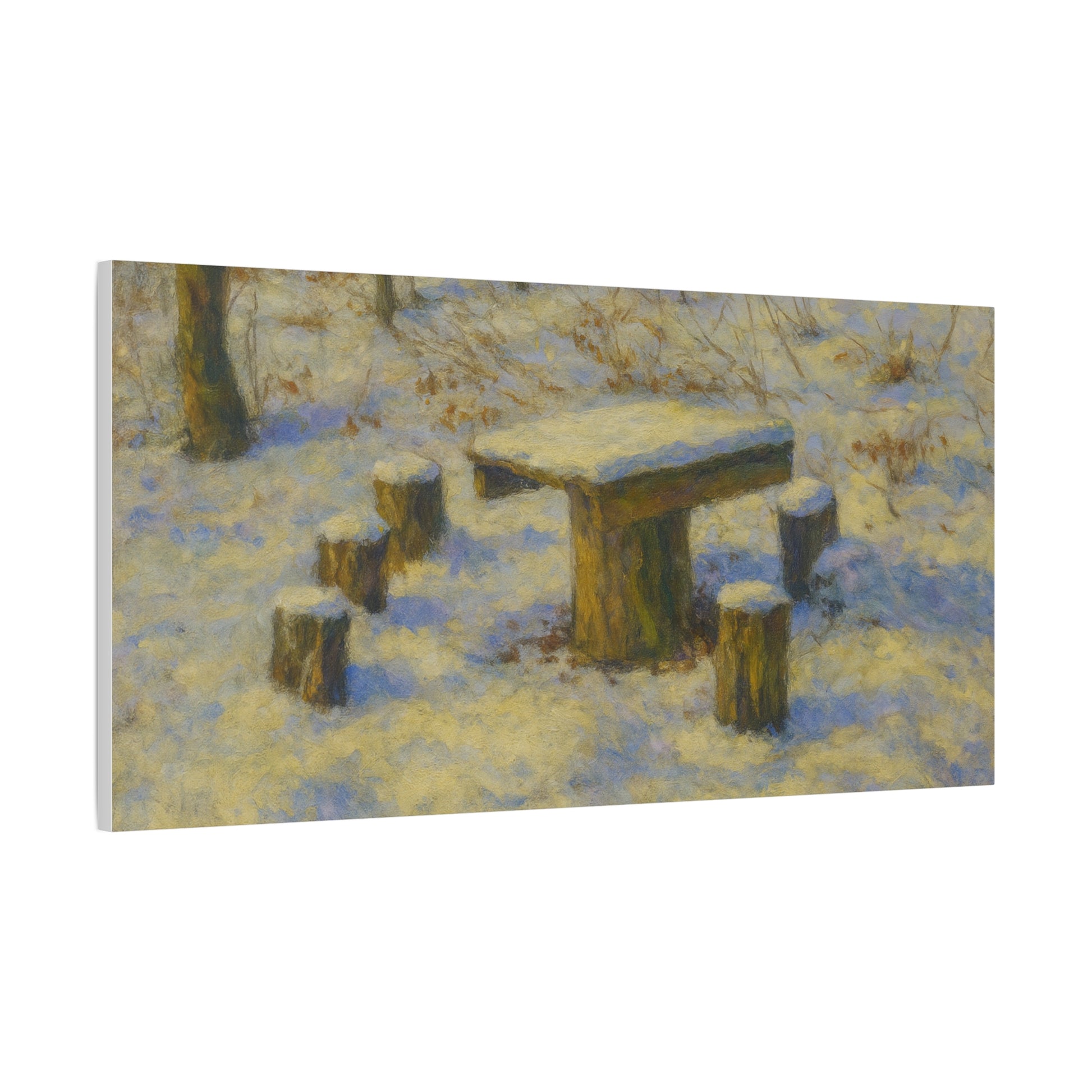 Winter landscape canvas wall art featuring a snowy forest scene, matte stretched print by Printify.