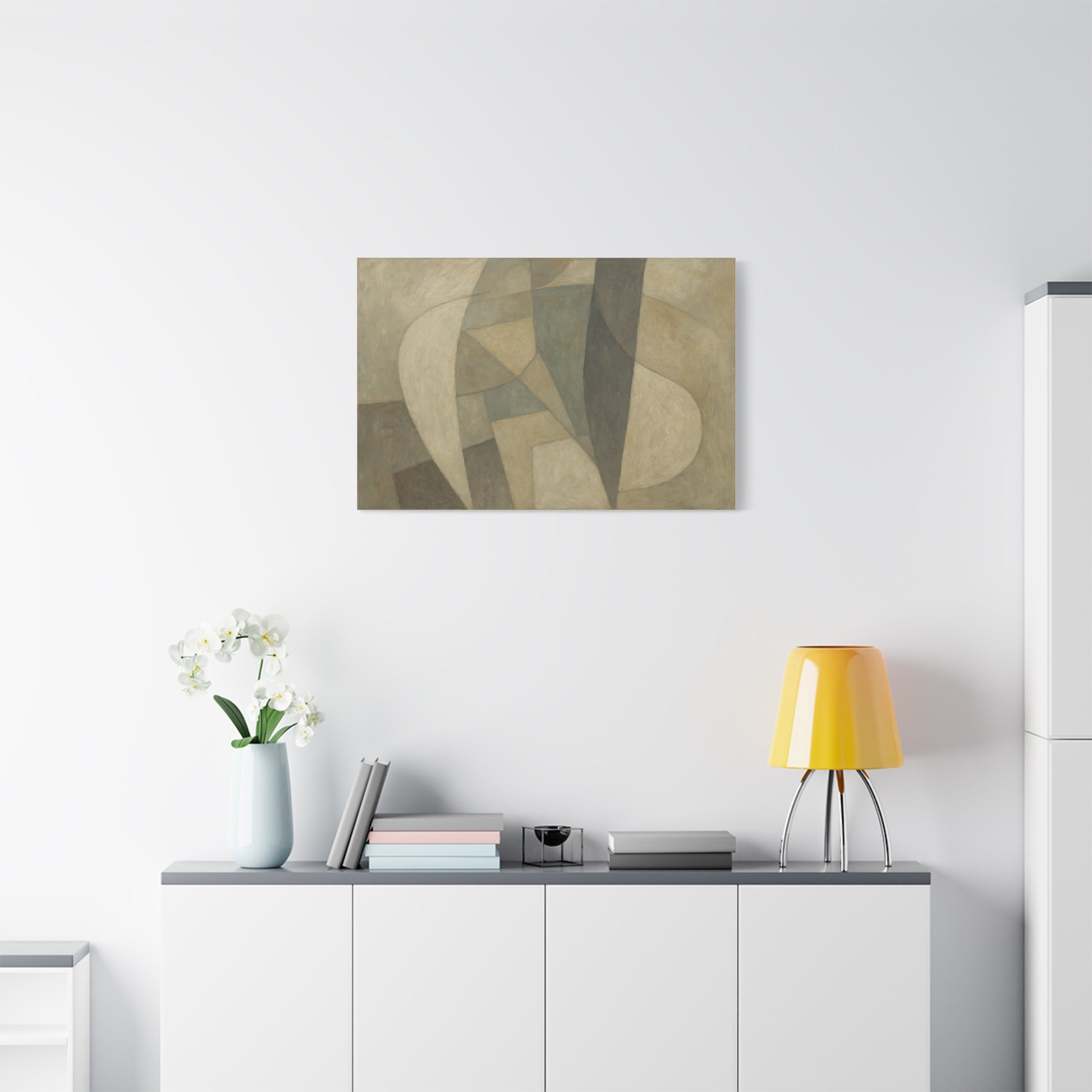 Abstract neutral geometric shapes on matte canvas, modern wall art print by Printify featuring minimalist design.