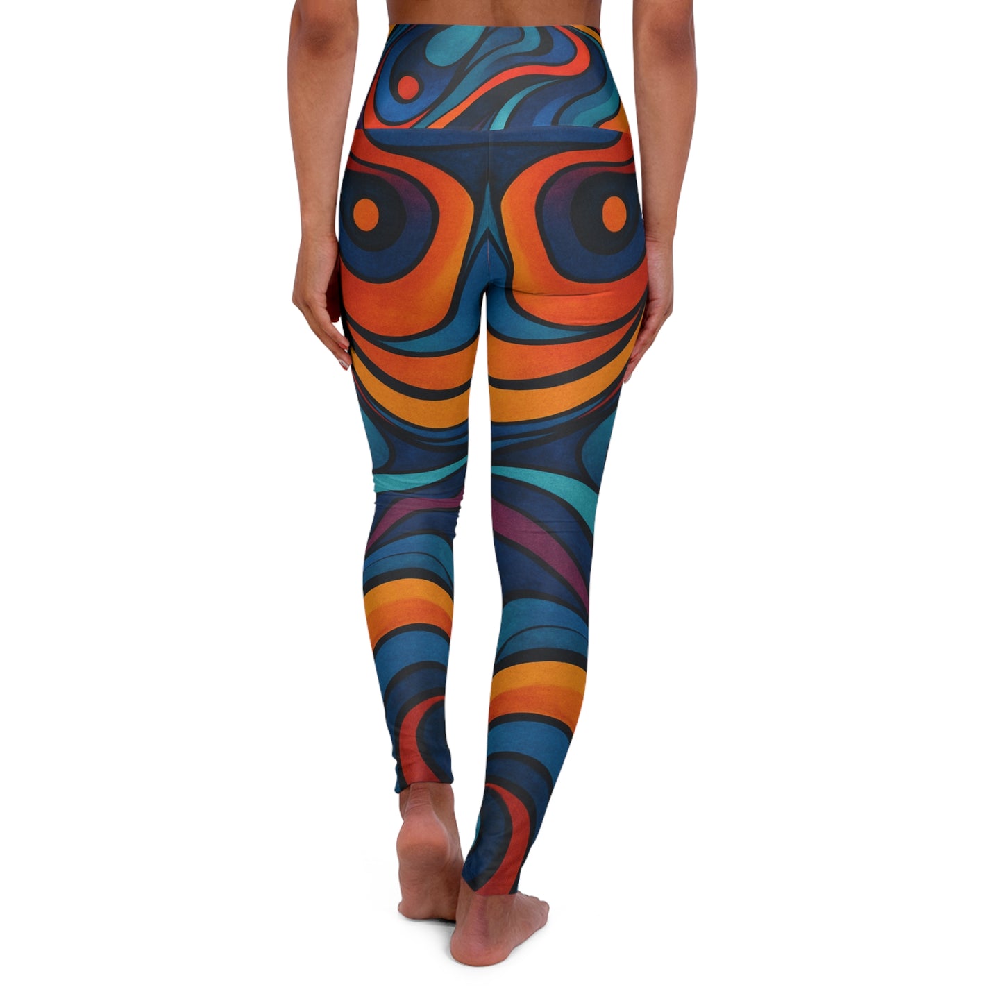 Colorful high-waisted yoga leggings with all-over print from Printify, designed for activewear and vibrant workout styles.