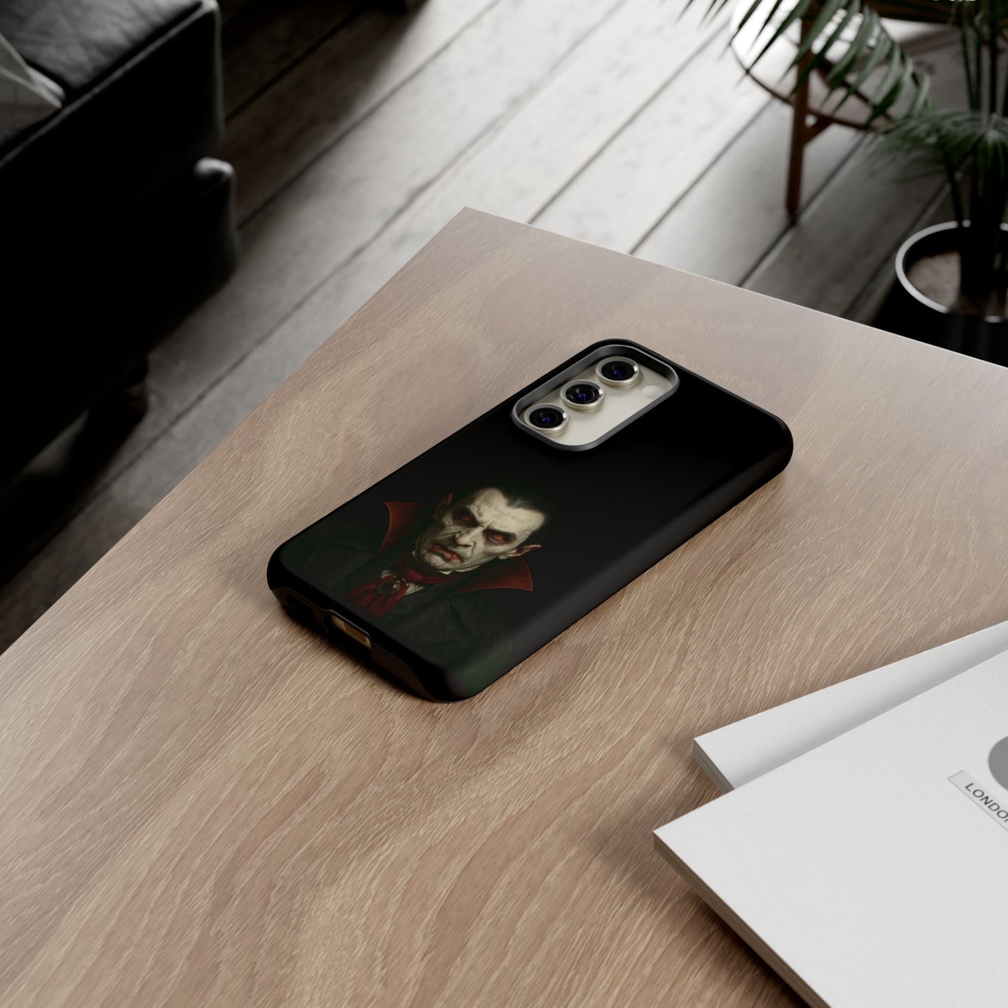Gothic vampire portrait phone case featuring Dracula design for iPhone, with dark horror artwork on a Printify iPhone cover.