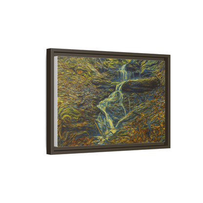 Framed matte canvas wall art of an autumn forest with a waterfall, featuring natural colors and detailed landscape design.