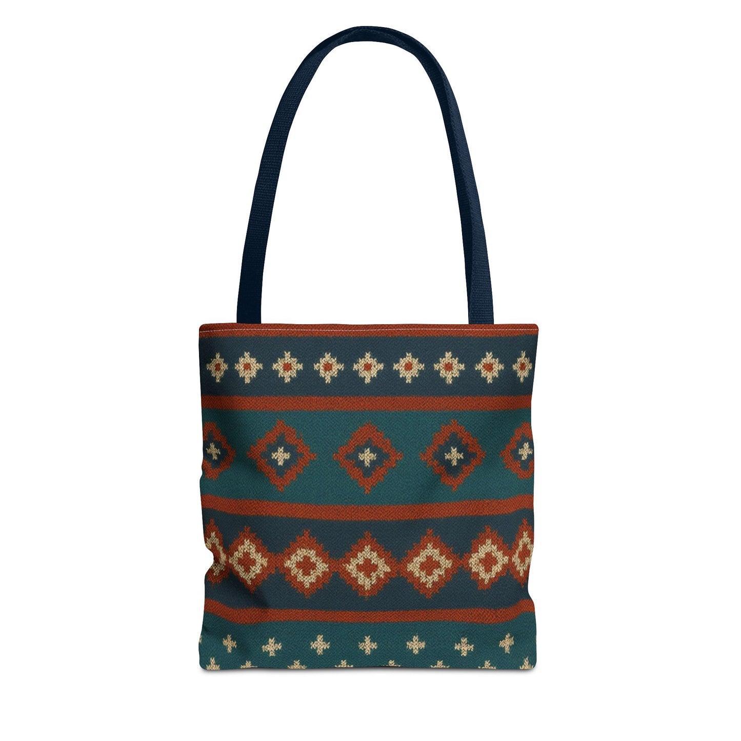 Southwestern diamond pattern tote bag with Aztec tribal geometric print, made by Printify, featuring vibrant fabric and sturdy handles.