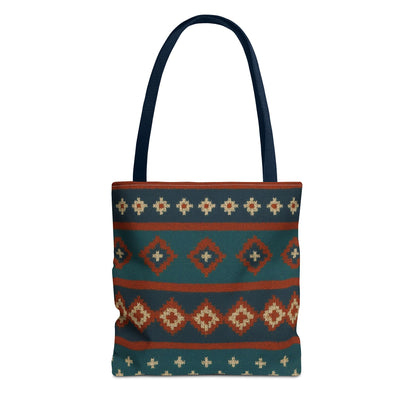 Southwestern diamond pattern tote bag with Aztec tribal geometric print, made by Printify, featuring vibrant fabric and sturdy handles.