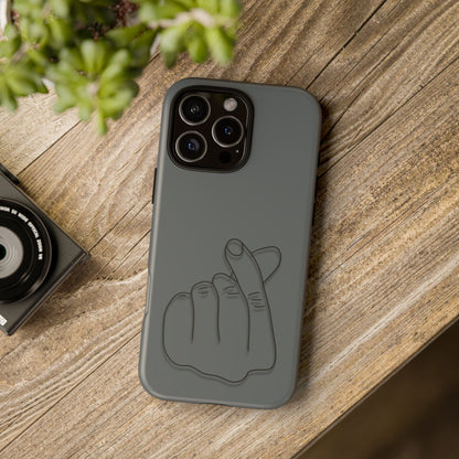 Silicone phone case with embossed Korean finger heart design, compatible with smartphones, by Printify.