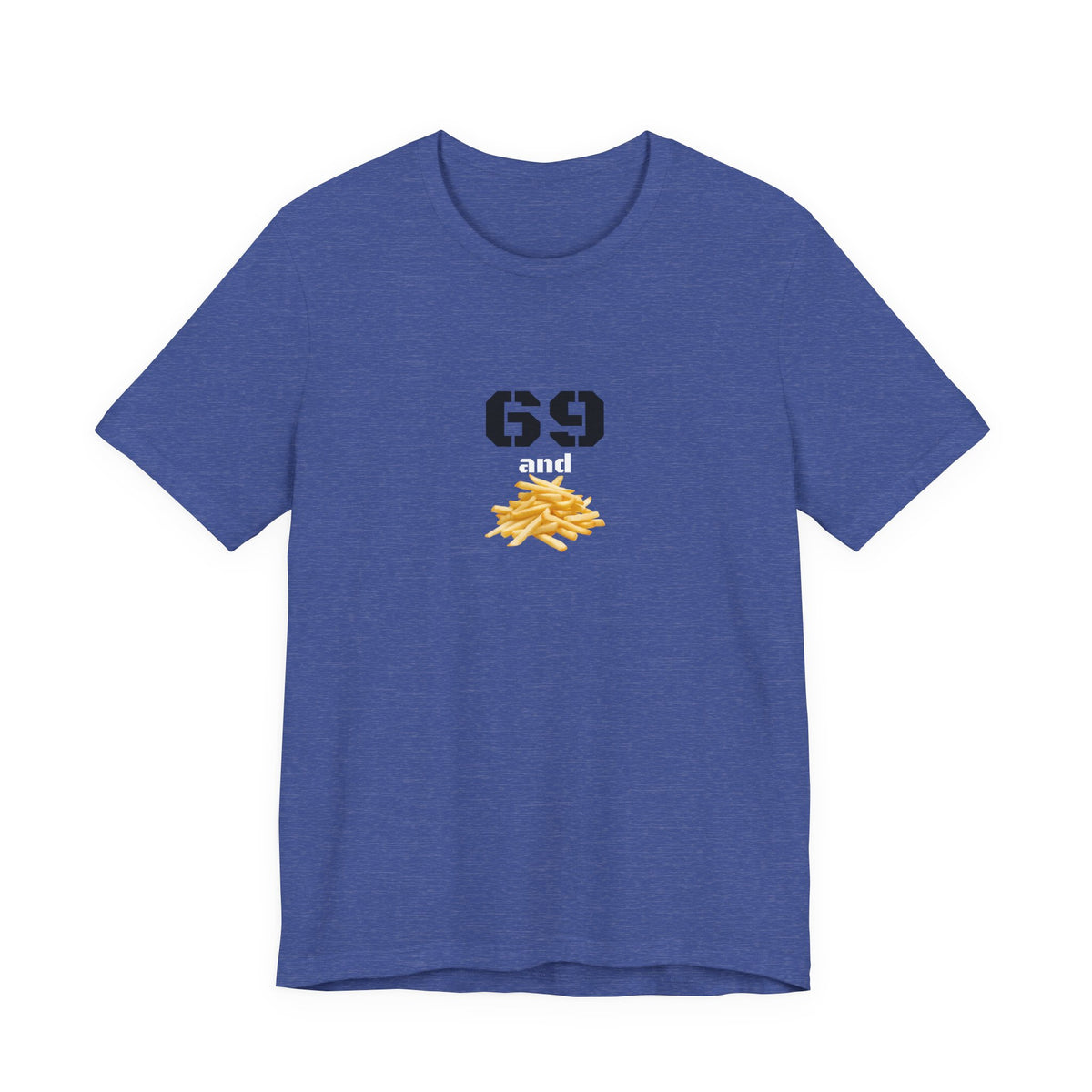Unisex graphic T-shirt featuring funny 69 and French fries design, in black with colorful print, casual fit, by Printify.