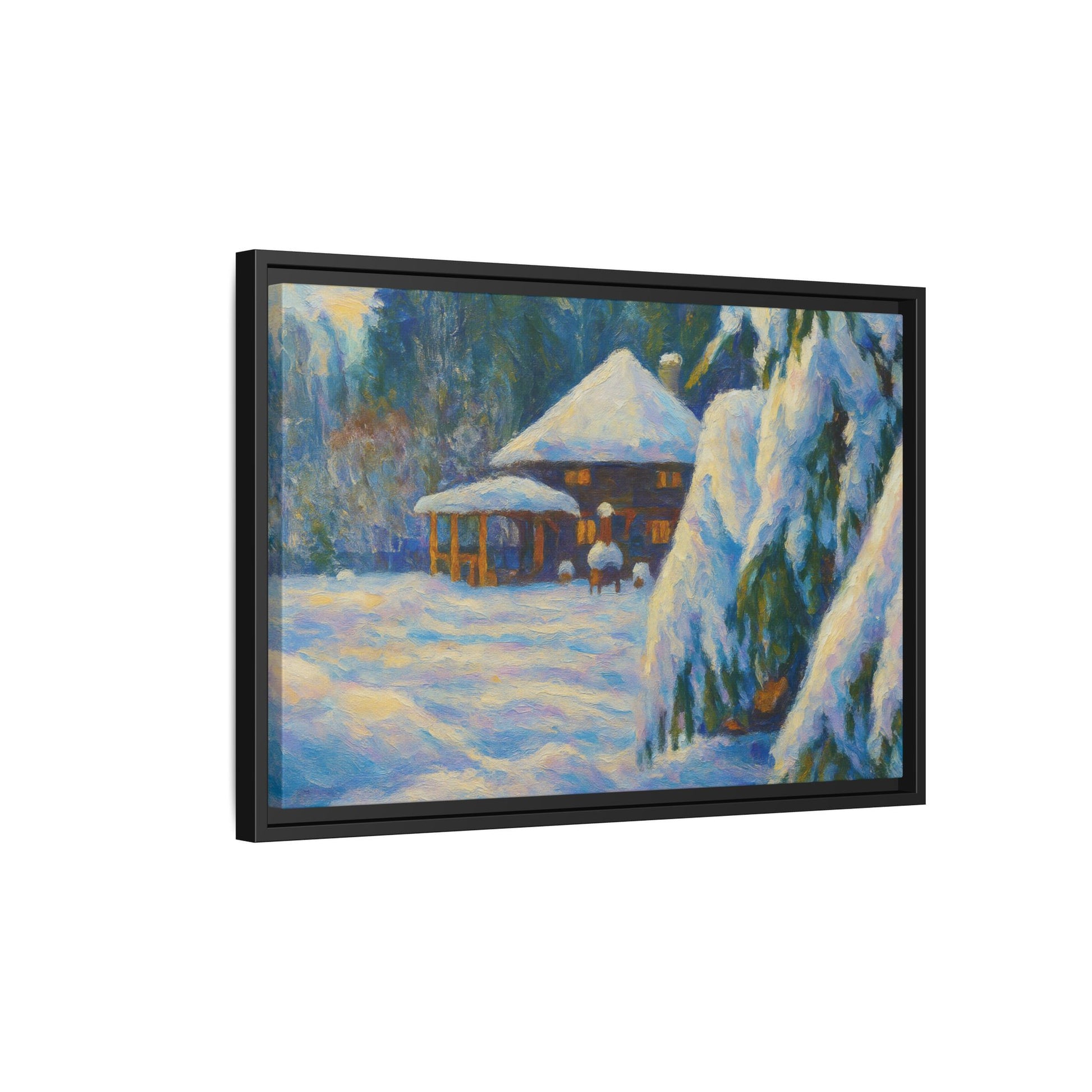 Framed matte canvas print of a snowy cabin winter landscape wall art by Printify, showcasing a cozy cabin surrounded by snow.