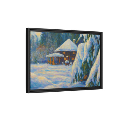 Framed matte canvas print of a snowy cabin winter landscape wall art by Printify, showcasing a cozy cabin surrounded by snow.